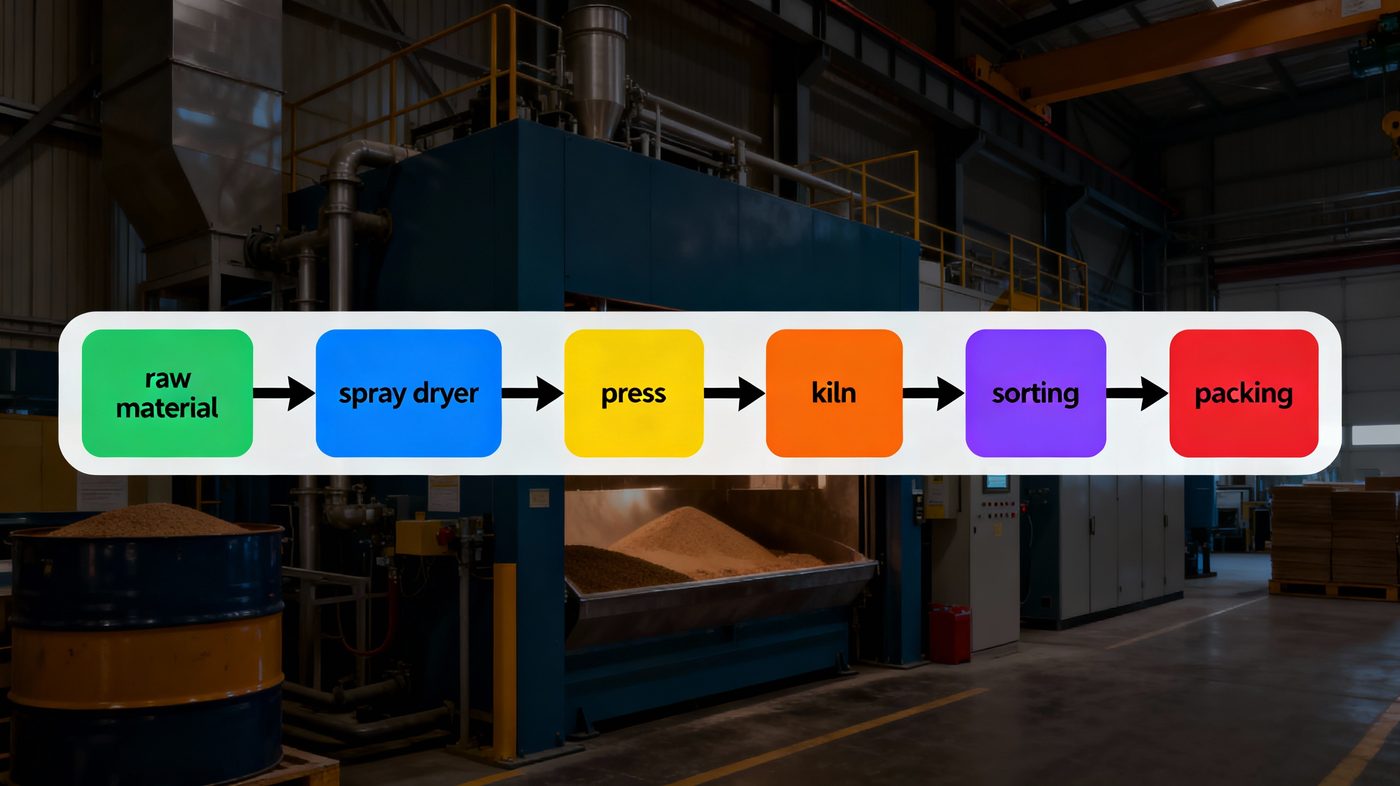 End-to-end production line automated by P RoboAI: raw material, spray dryer, press, kiln, sorting and packing stages connected into one automated process flow