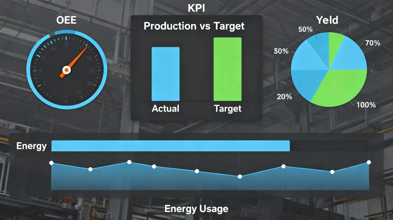Real-time IIoT and OEE dashboard for a factory: overall equipment effectiveness gauge, production vs target chart, yield breakdown and energy-usage trend — built by P RoboAI